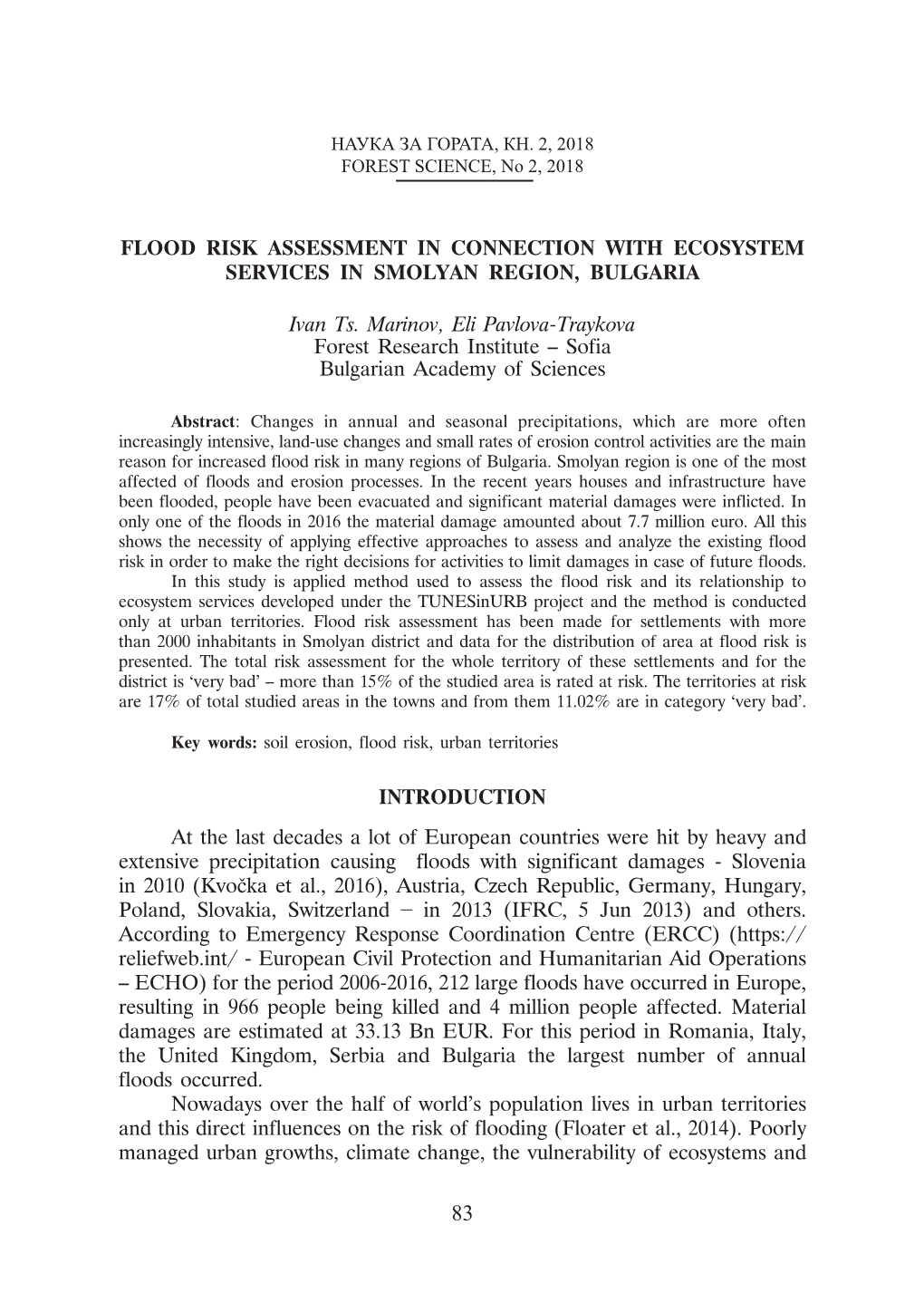 Flood Risk Assessment in Connection with Ecosystem Services in Smolyan Region, Bulgaria