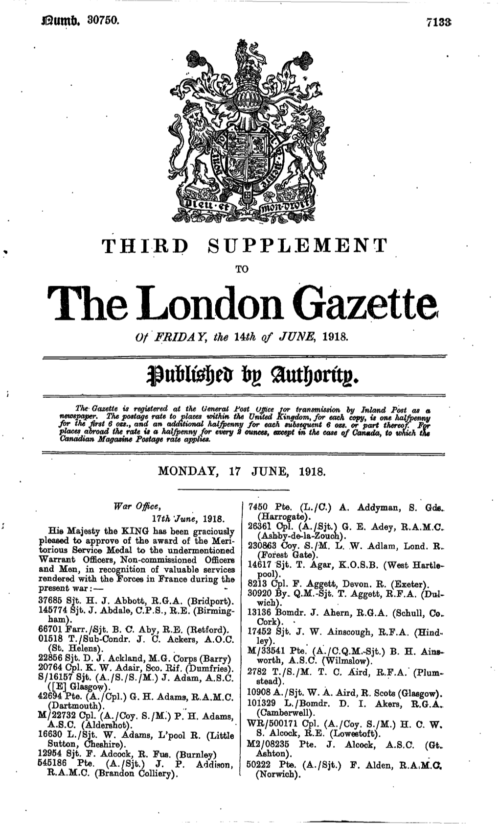 The London Gazette of FRIDAY, the Uth of JUNE, 1918