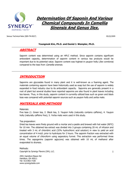 Determination of Saponin and Various Chemical Compounds in Camellia Sinensis and Genus Ilex