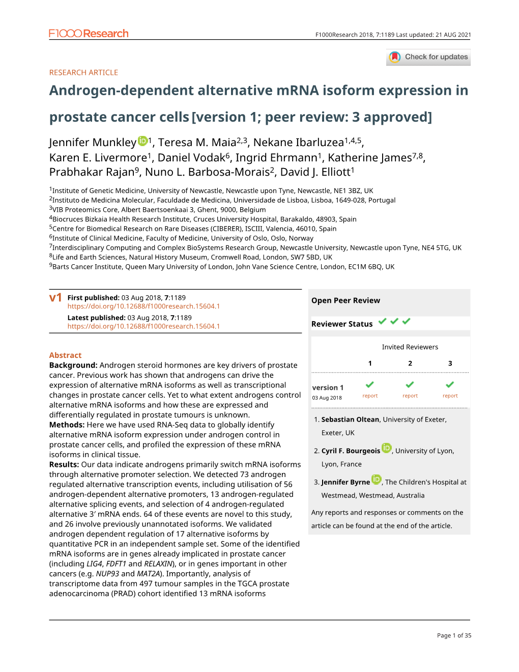 Androgen-Dependent Alternative Mrna Isoform Expression in Prostate Cancer Cells[Version 1; Peer Review: 3 Approved]