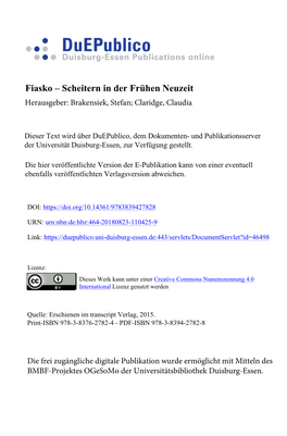 Fiasko – Scheitern in Der Frühen Neuzeit Herausgeber: Brakensiek, Stefan; Claridge, Claudia