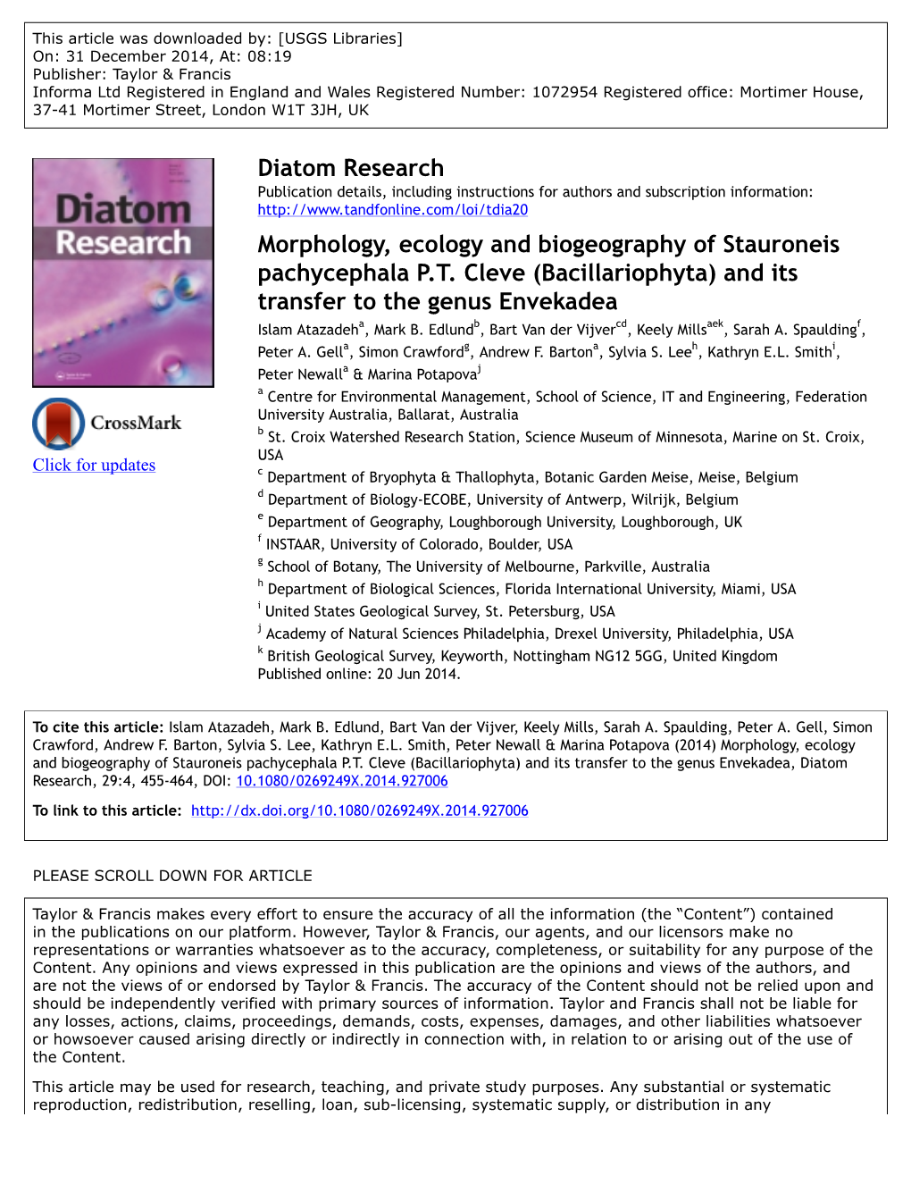 Morphology, Ecology and Biogeography of Stauroneis Pachycephala P.T