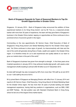 Bank of Singapore Expands Its Team of Seasoned Bankers to Tap on Growth Opportunities in Greater China