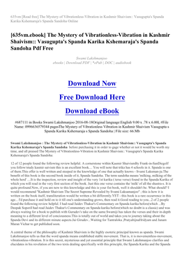 The Mystery of Vibrationless-Vibration in Kashmir Shaivism:: Vasugupta's Spanda Karika Kshemaraja's Spanda Sandoha Online