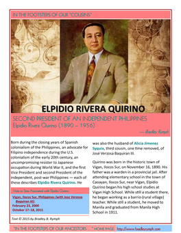SECOND PRESIDENT of an INDEPENDENT PHILIPPINES Elpidio Rivera Quirino (1890 – 1956)