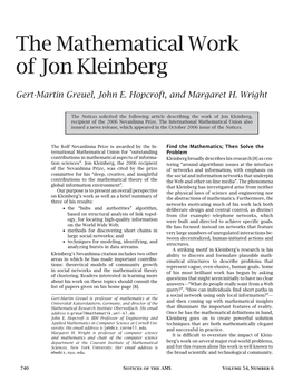 The Mathematical Work of Jon Kleinberg
