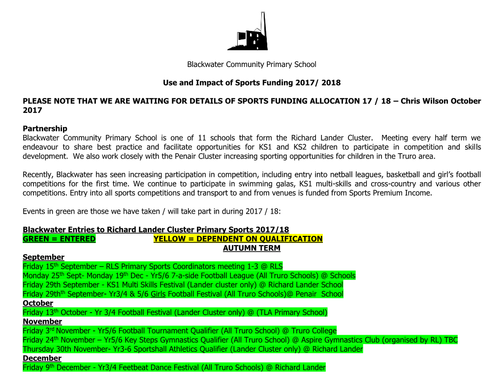 Blackwater Community Primary School Use and Impact of Sports Funding 2017/ 2018 PLEASE NOTE THAT WE ARE WAITING for DETAILS of S