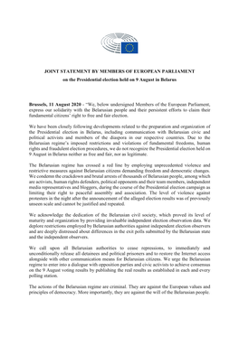 JOINT STATEMENT by MEMBERS of EUROPEAN PARLIAMENT on the Presidential Election Held on 9 August in Belarus