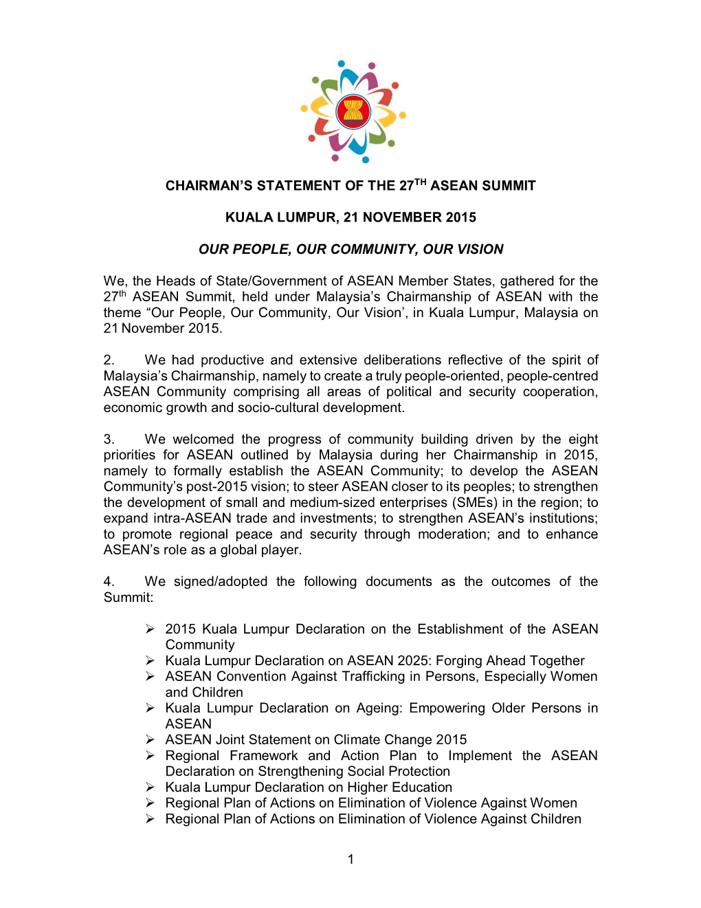 Chairman Statement of the 27Th ASEAN Summit