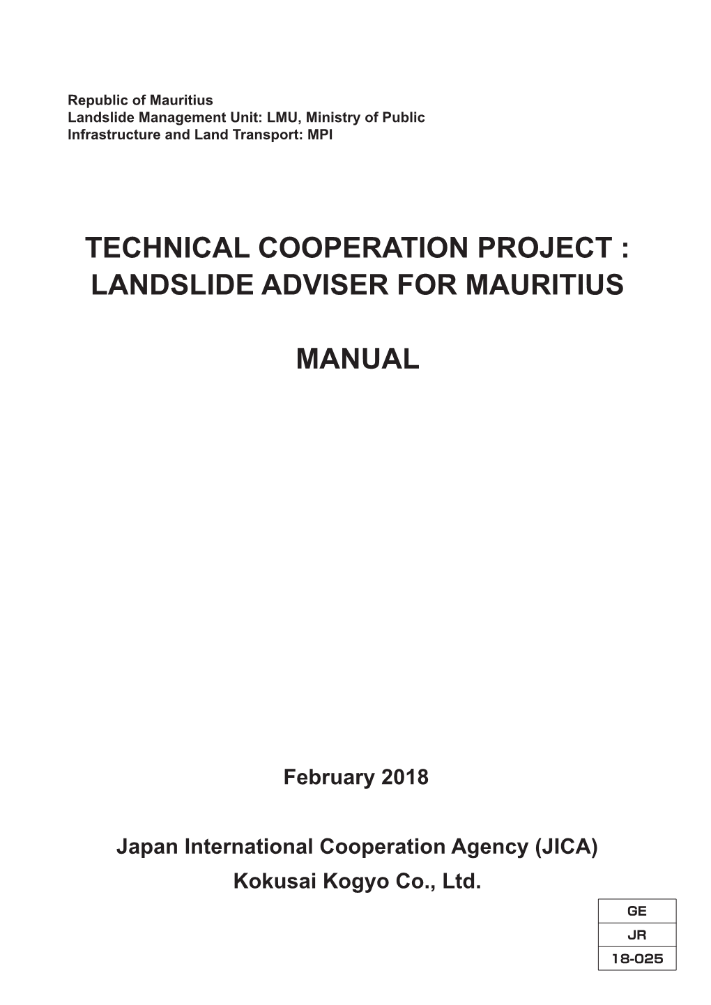 Technical Cooperation Project : Landslide Adviser for Mauritius Manual