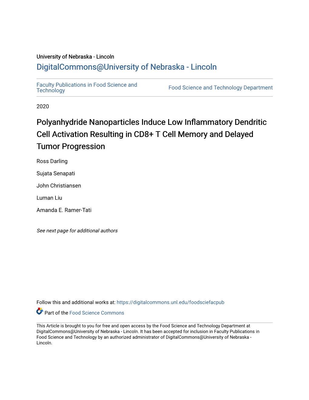 Polyanhydride Nanoparticles Induce Low Inflammatory Dendritic Cell Activation Resulting in CD8+ T Cell Memory and Delayed Tumor Progression