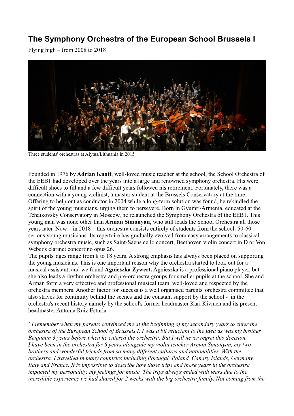 The Symphony Orchestra of the European School Brussels I Flying High – from 2008 to 2018