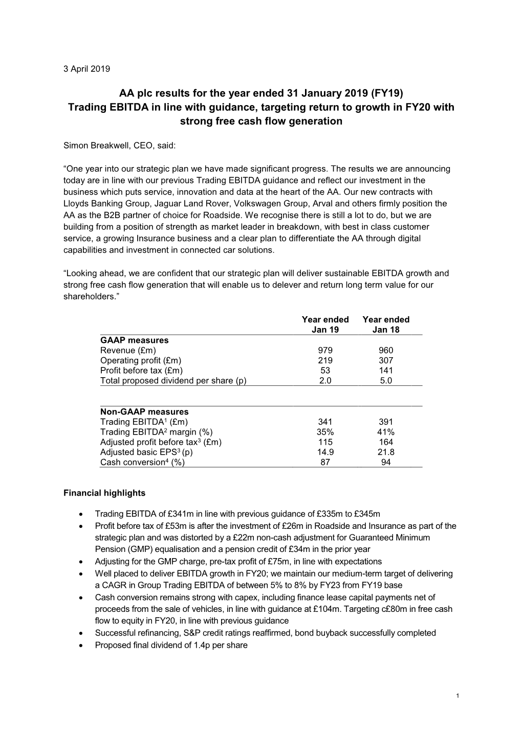 AA Plc Results for the Year Ended 31 January 2019 (FY19) Trading