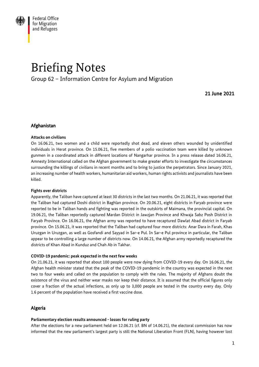 Briefing Notes Group 62 – Information Centre for Asylum and Migration