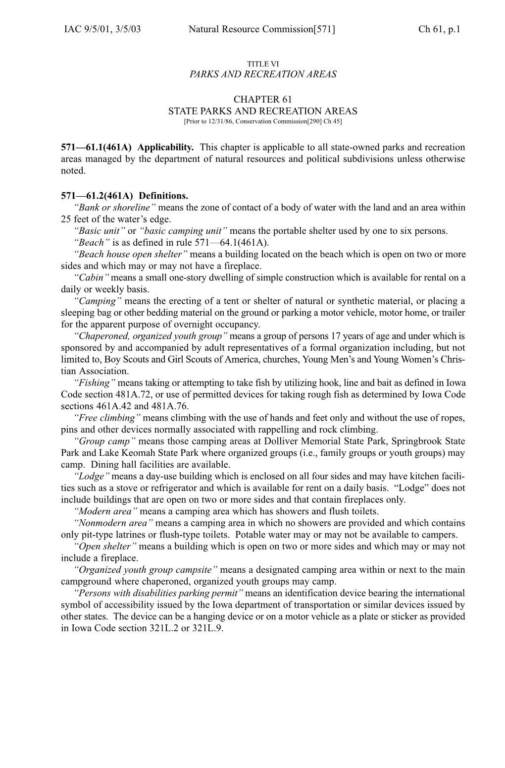 Ch 61, P.1 Natural Resource Commission[571] IAC 9/5/01, 3/5/03