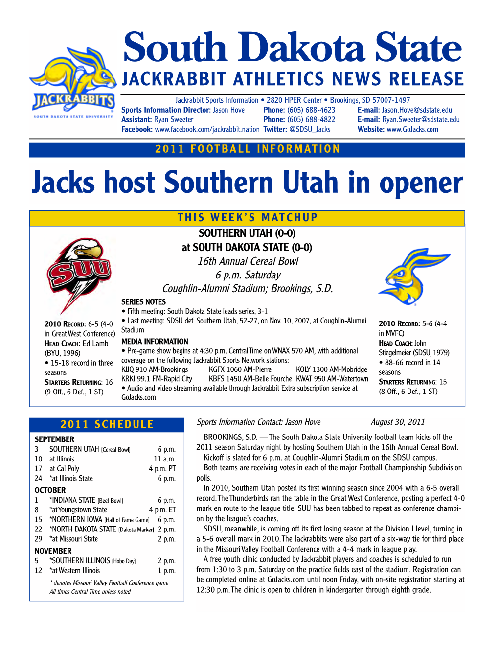 South Dakota State University JACKRABBITS 2011 Football Roster