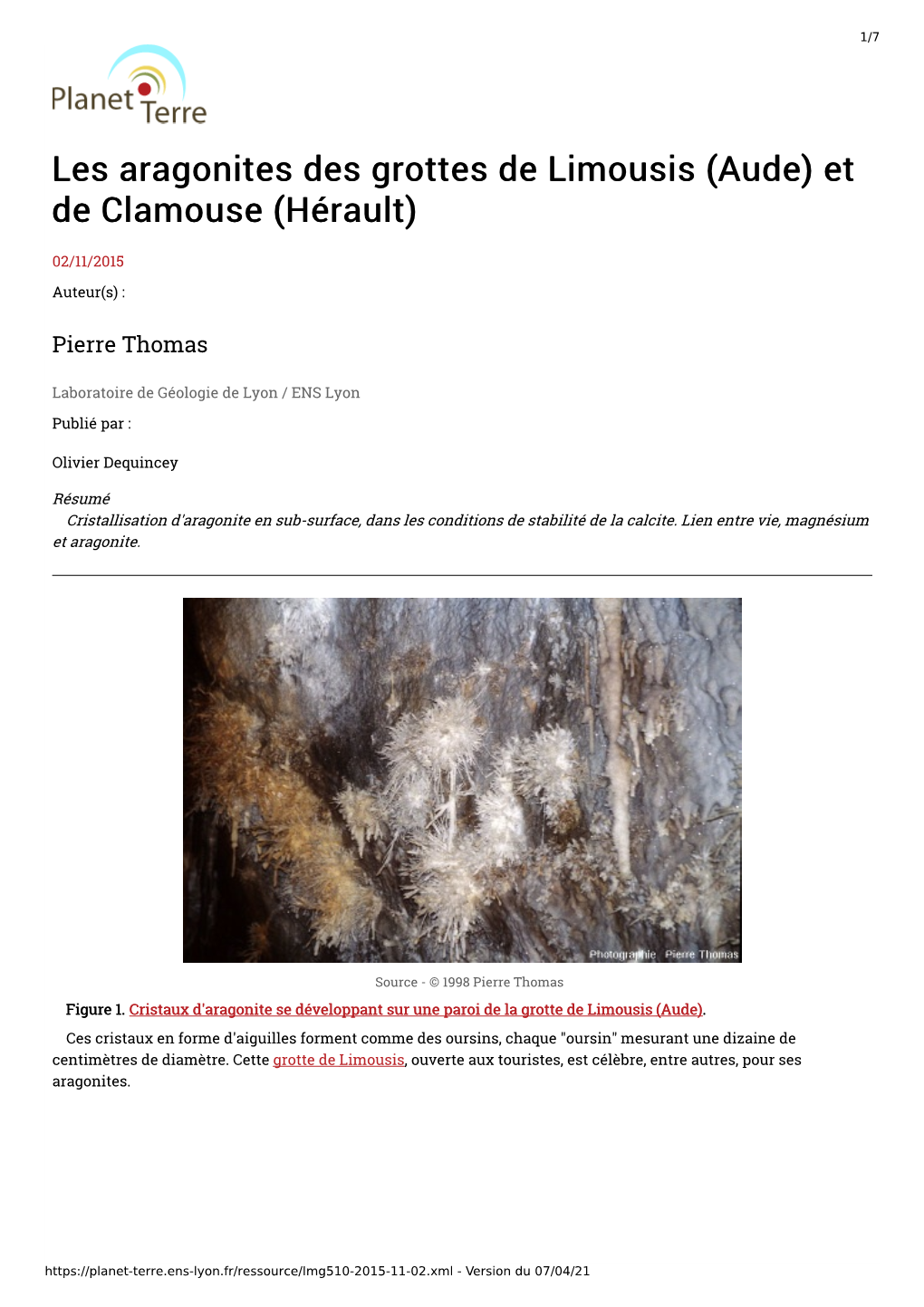 Les Aragonites Des Grottes De Limousis (Aude) Et De Clamouse (Hérault)