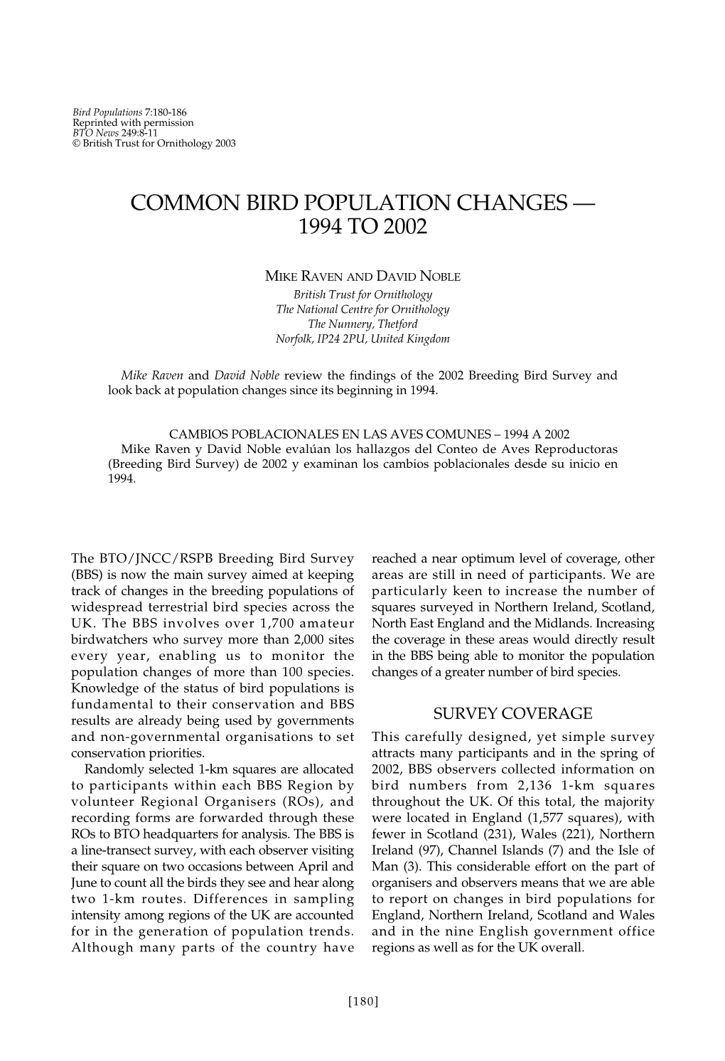 Common Bird Population Changes — 1994 to 2002