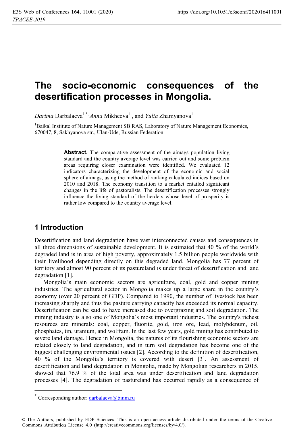 The Socio-Economic Consequences of the Desertification Processes in Mongolia