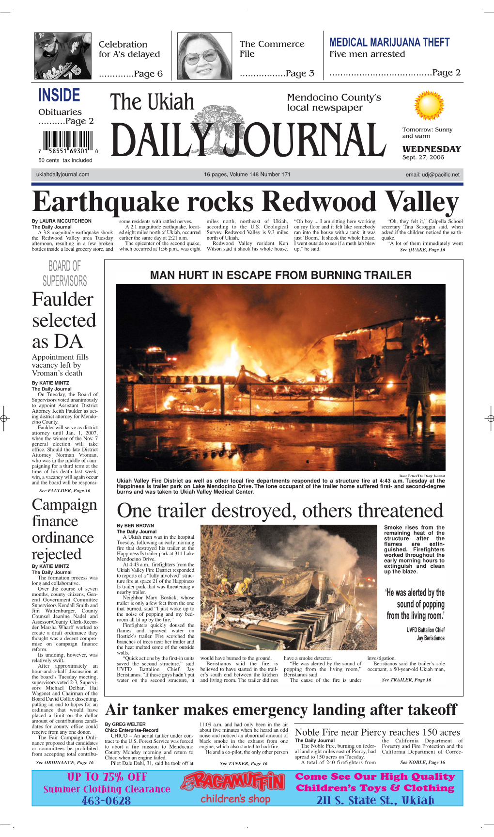 Earthquake Rocks Redwood Valley by LAURA MCCUTCHEON Some Residents with Rattled Nerves