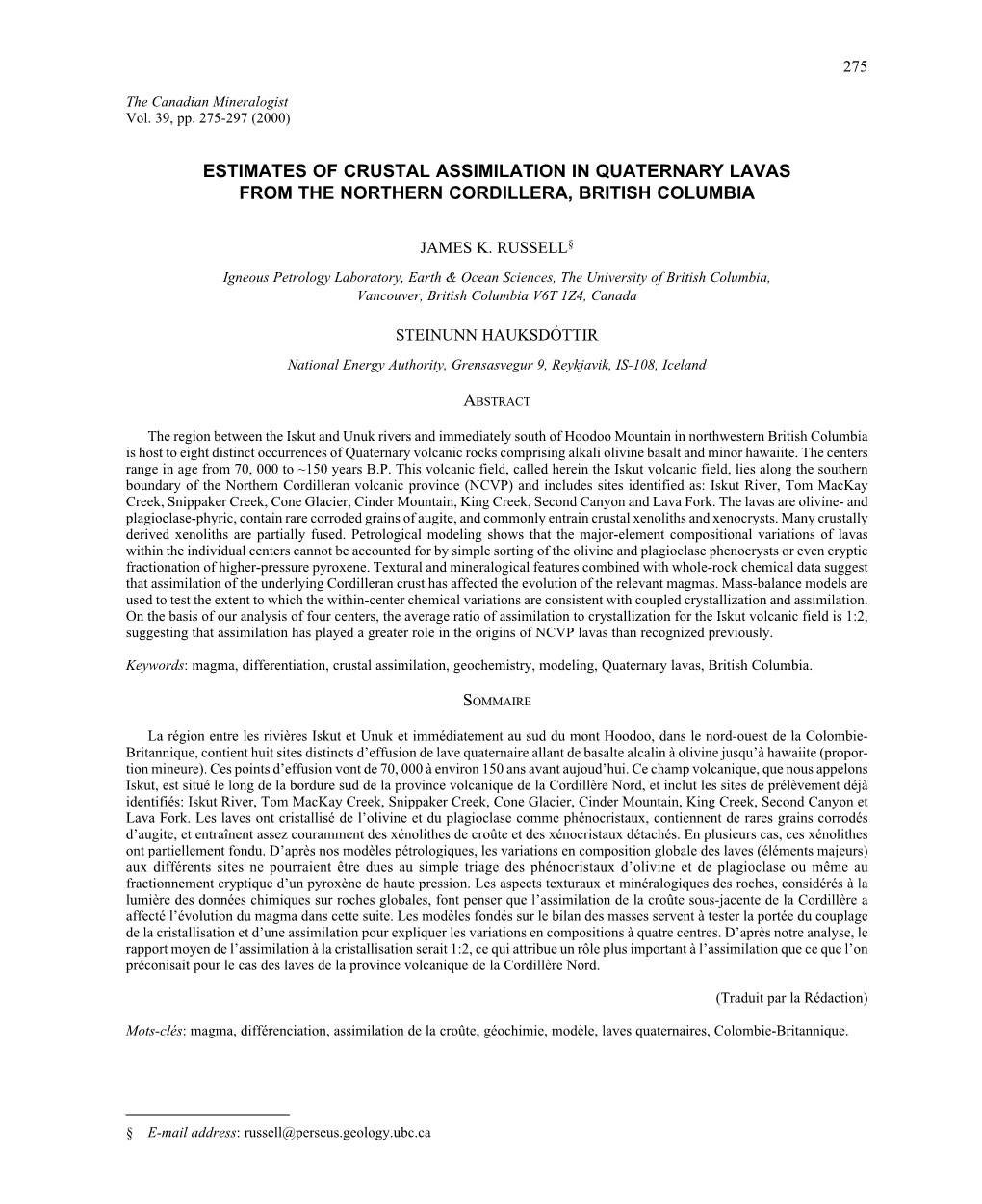 Estimates of Crustal Assimilation in Quaternary Lavas from the Northern Cordillera, British Columbia
