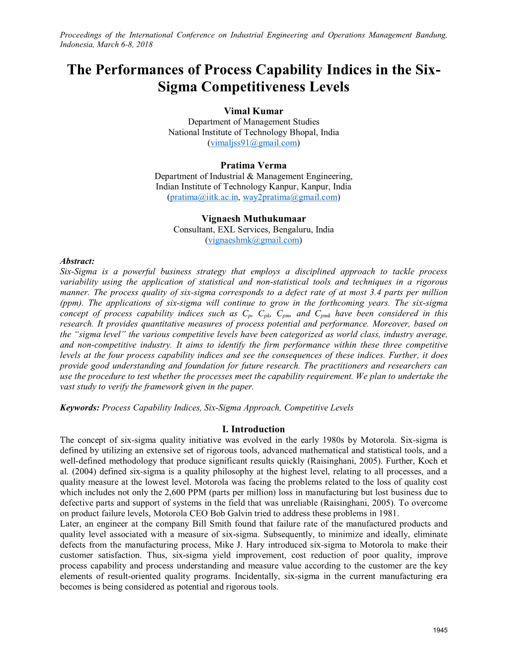 ID 524 the Performances of Process Capability Indices in the Six-Sigma