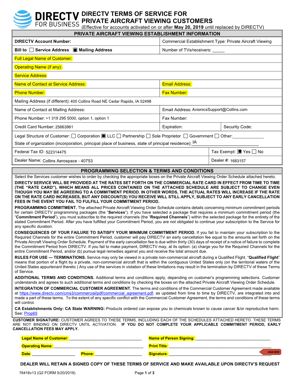 Directv Terms of Service for Private Aircraft Viewing