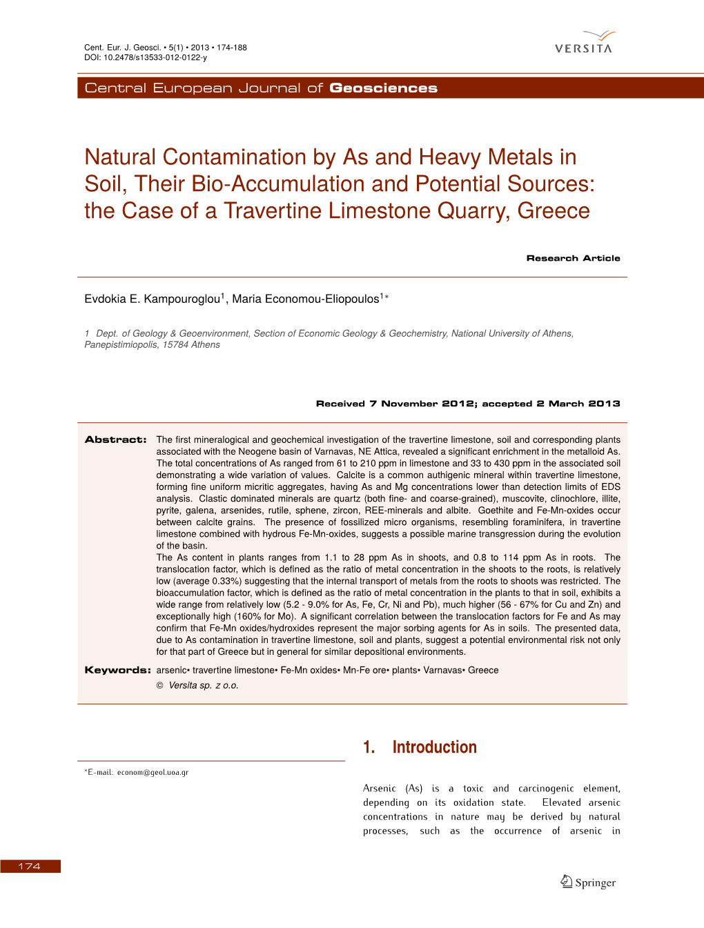 Natural Contamination by As and Heavy Metals in Soil, Their Bio-Accumulation and Potential Sources: the Case of a Travertine Limestone Quarry, Greece