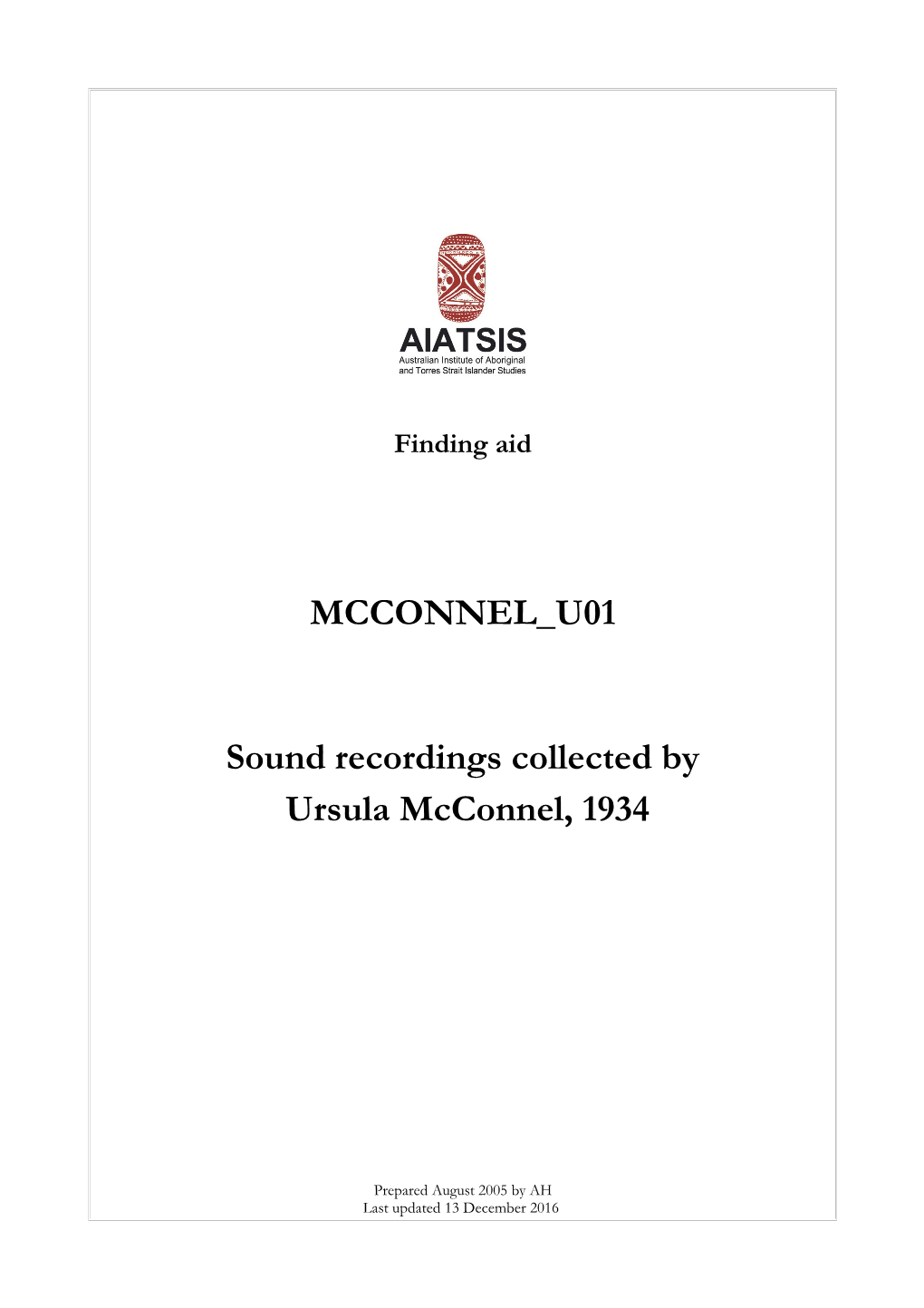 Guide to Sound Recordings Collected by Ursula Mcconnel