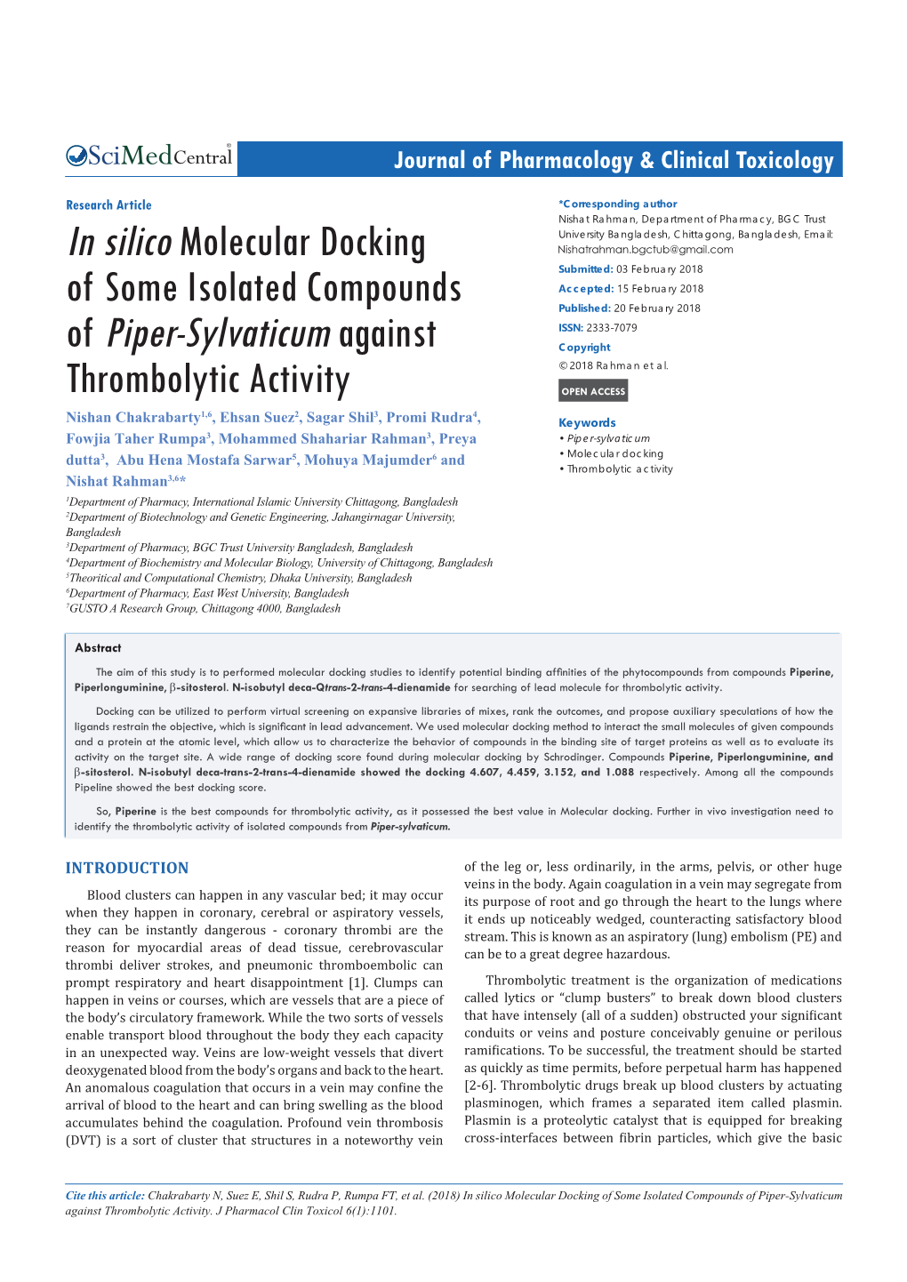 In Silico Molecular Docking of Some Isolated Compounds of Piper-Sylvaticum Against Thrombolytic Activity