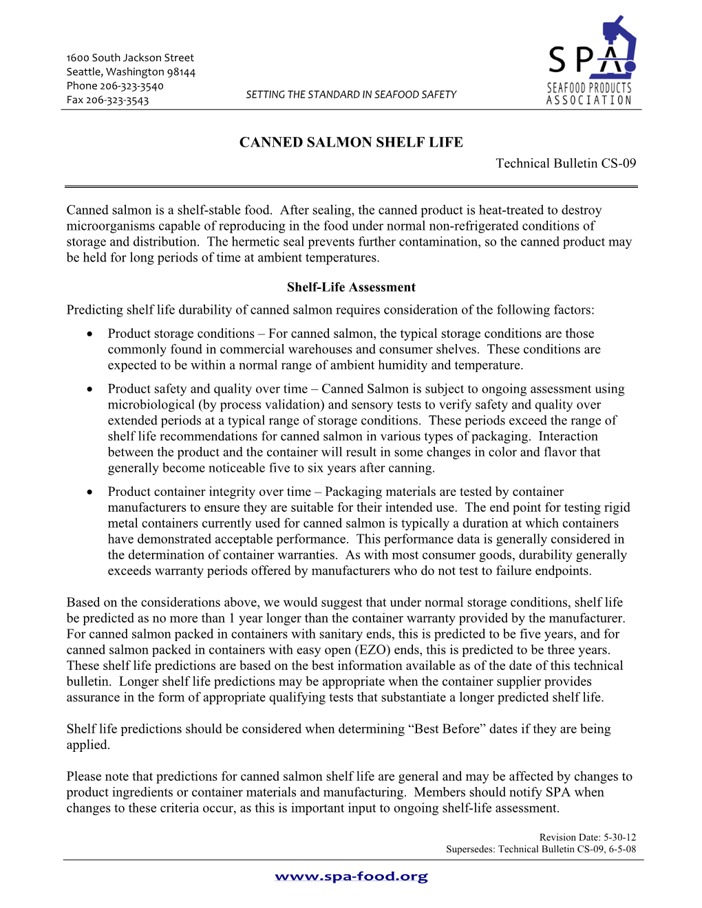 CANNED SALMON SHELF LIFE Technical Bulletin CS-09