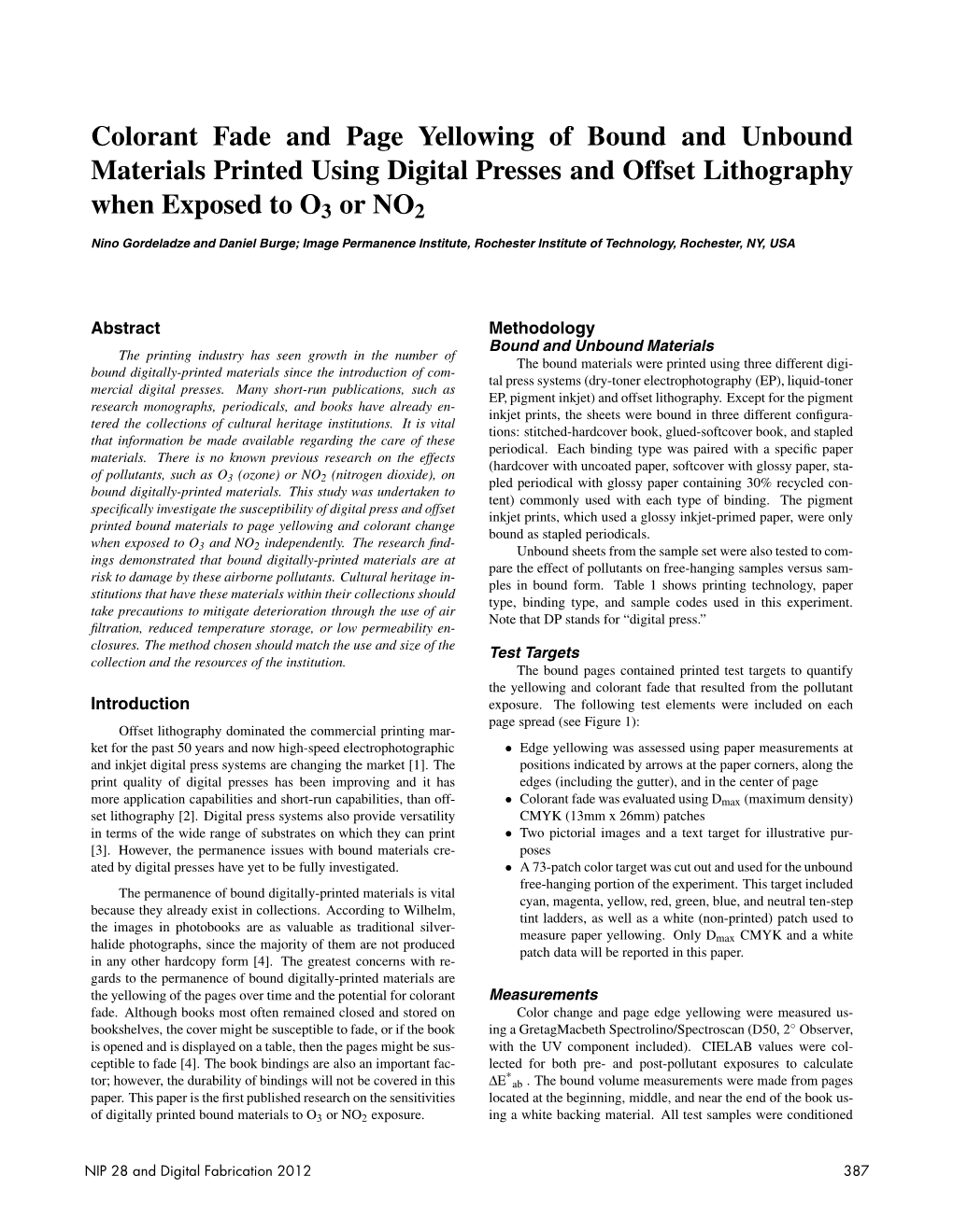 Colorant Fade and Page Yellowing of Bound and Unbound Materials Printed Using Digital Presses and Offset Lithography When Exposed to O3 Or NO2