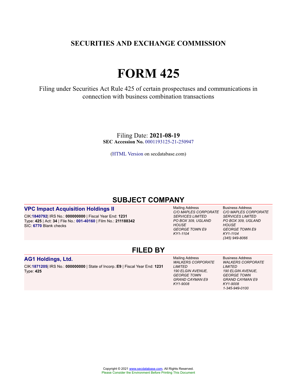 VPC Impact Acquisition Holdings II Form 425 Filed 2021-08-19