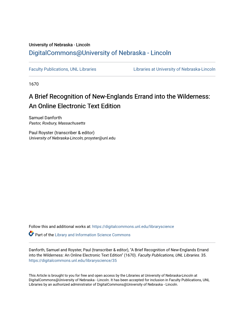 A Brief Recognition of New-Englands Errand Into the Wilderness: an Online Electronic Text Edition