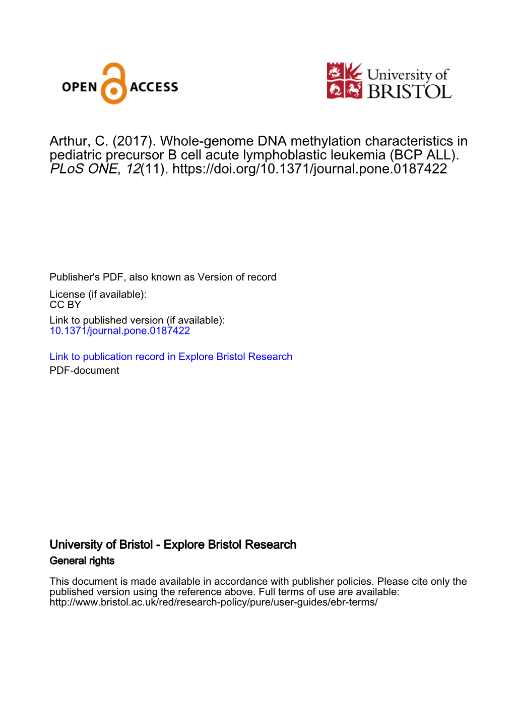 Whole-Genome DNA Methylation Characteristics in Pediatric Precursor B Cell Acute Lymphoblastic Leukemia (BCP ALL)