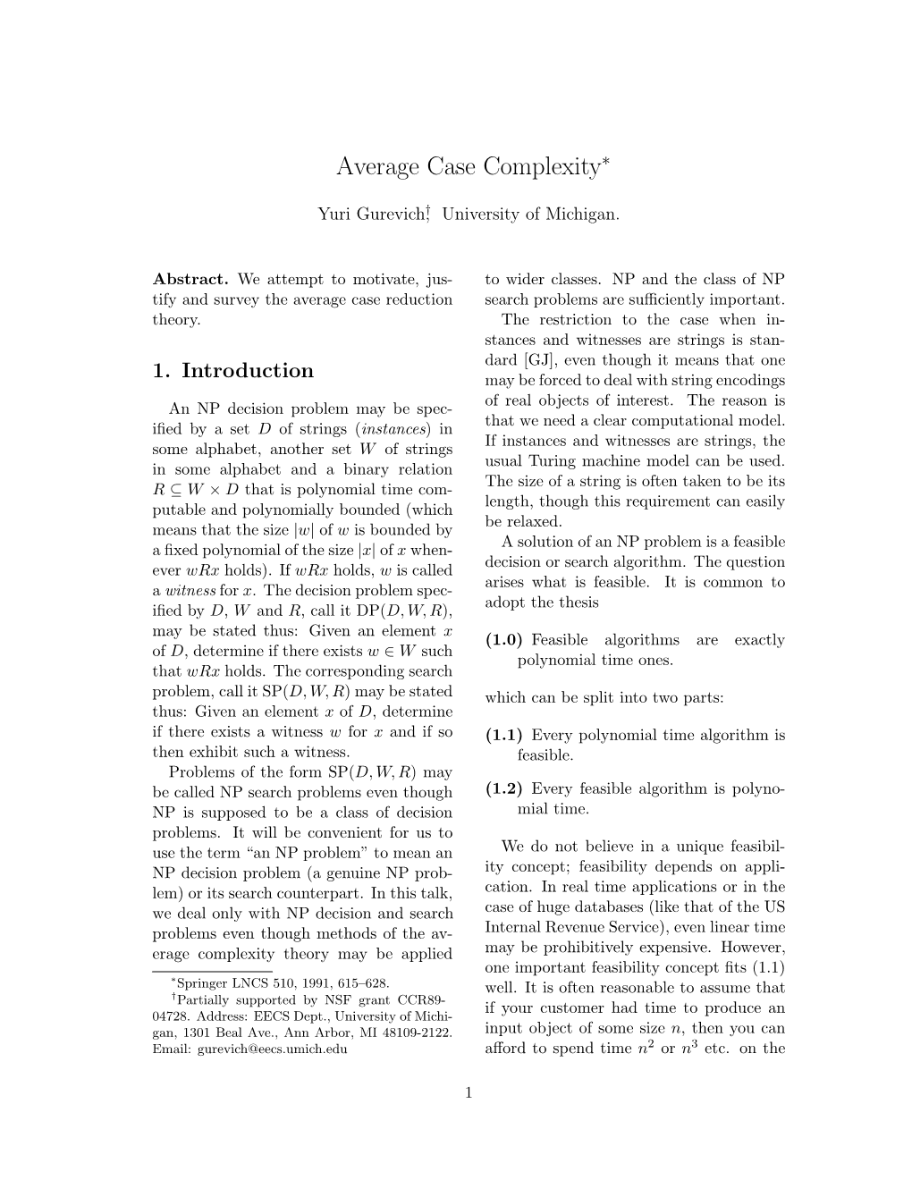 Average Case Complexity∗