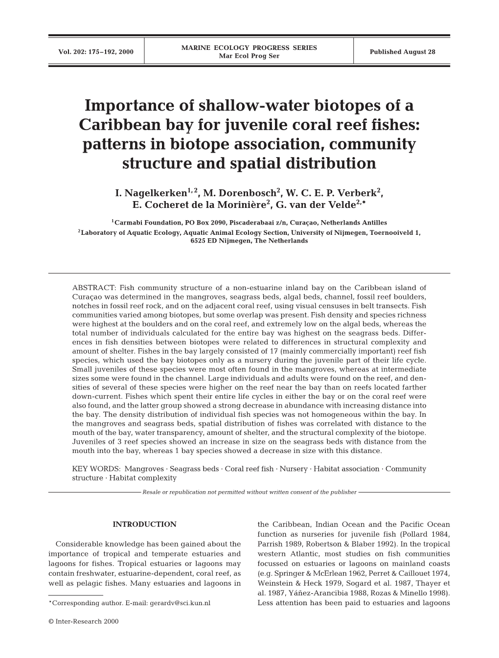 Importance of Shallow-Water Biotopes of a Caribbean Bay for Juvenile Coral Reef Fishes: Patterns in Biotope Association, Community Structure and Spatial Distribution