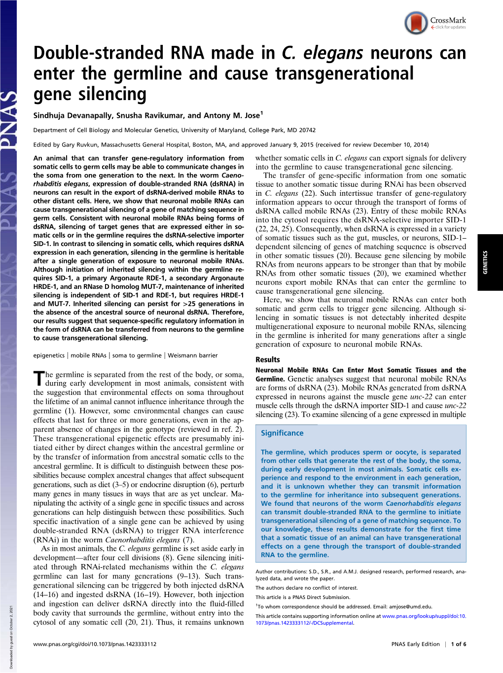 Double-Stranded RNA Made in C. Elegans Neurons Can Enter the Germline and Cause Transgenerational Gene Silencing