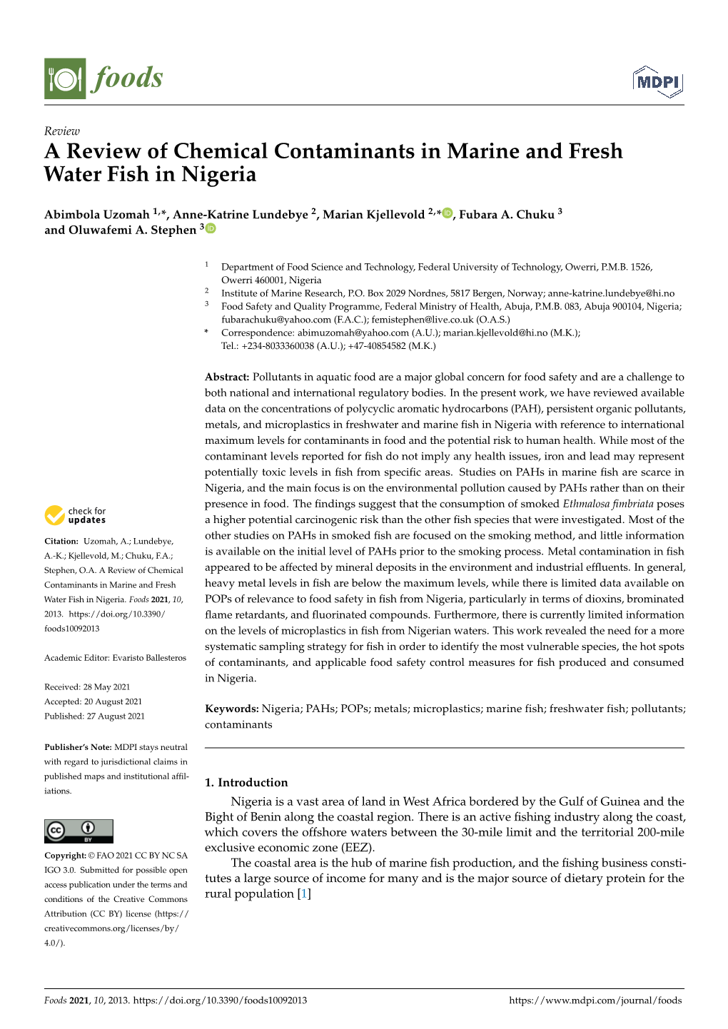 A Review of Chemical Contaminants in Marine and Fresh Water Fish in Nigeria