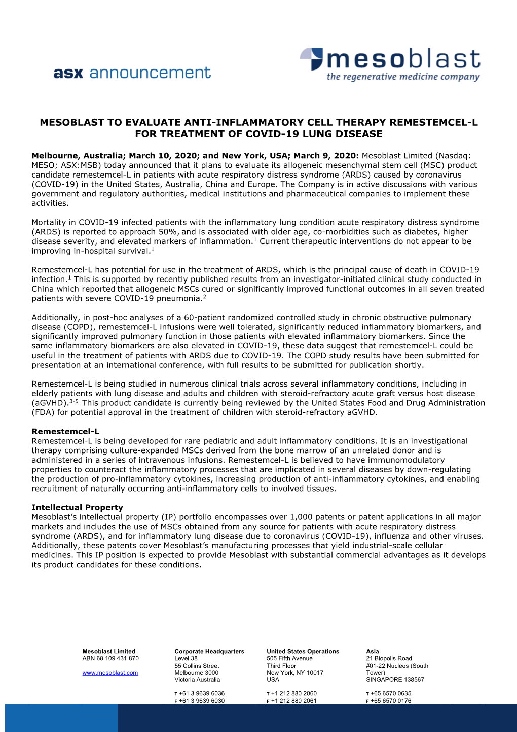 Mesoblast to Evaluate Remestemcel-L in COVID-19 Lung