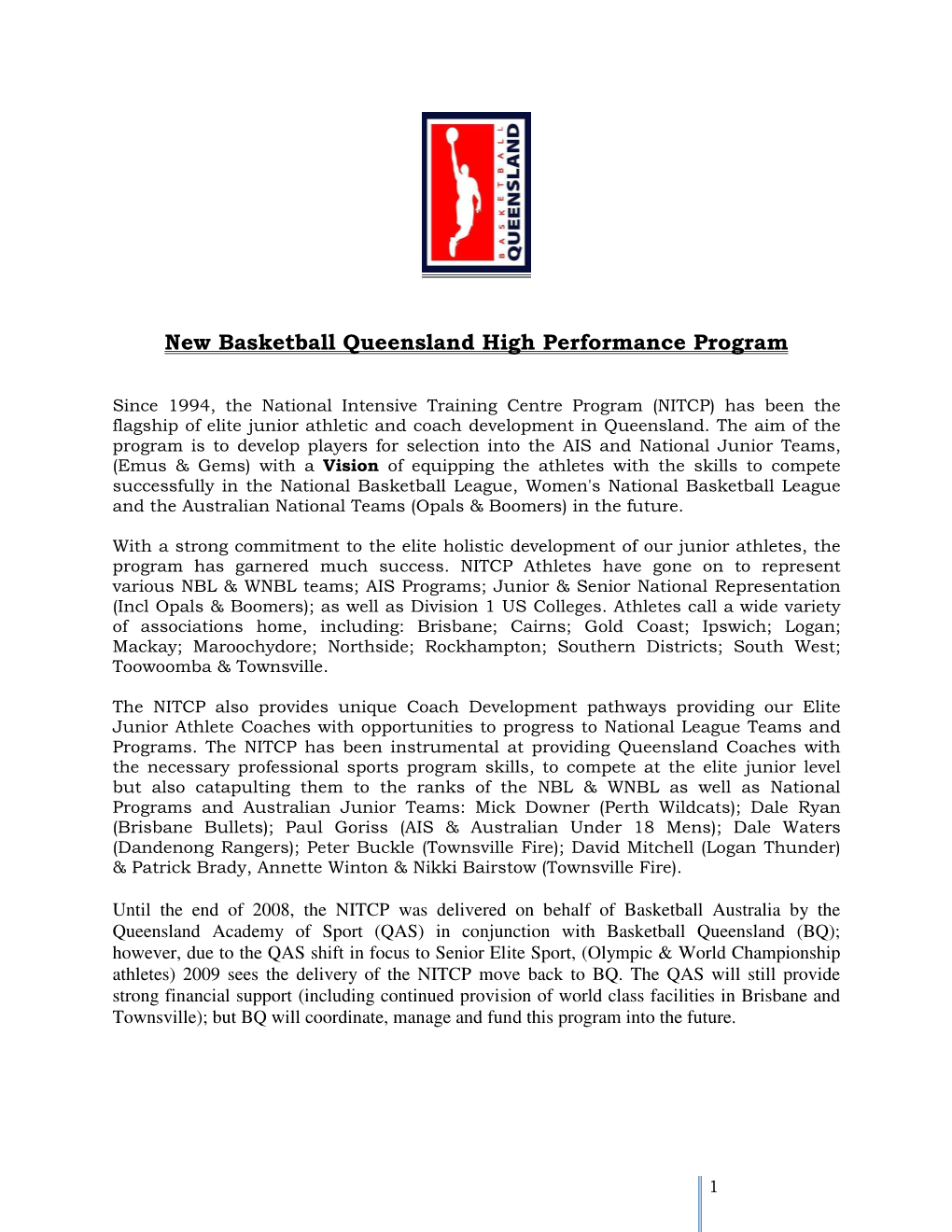 New Basketball Queensland High Performance Program