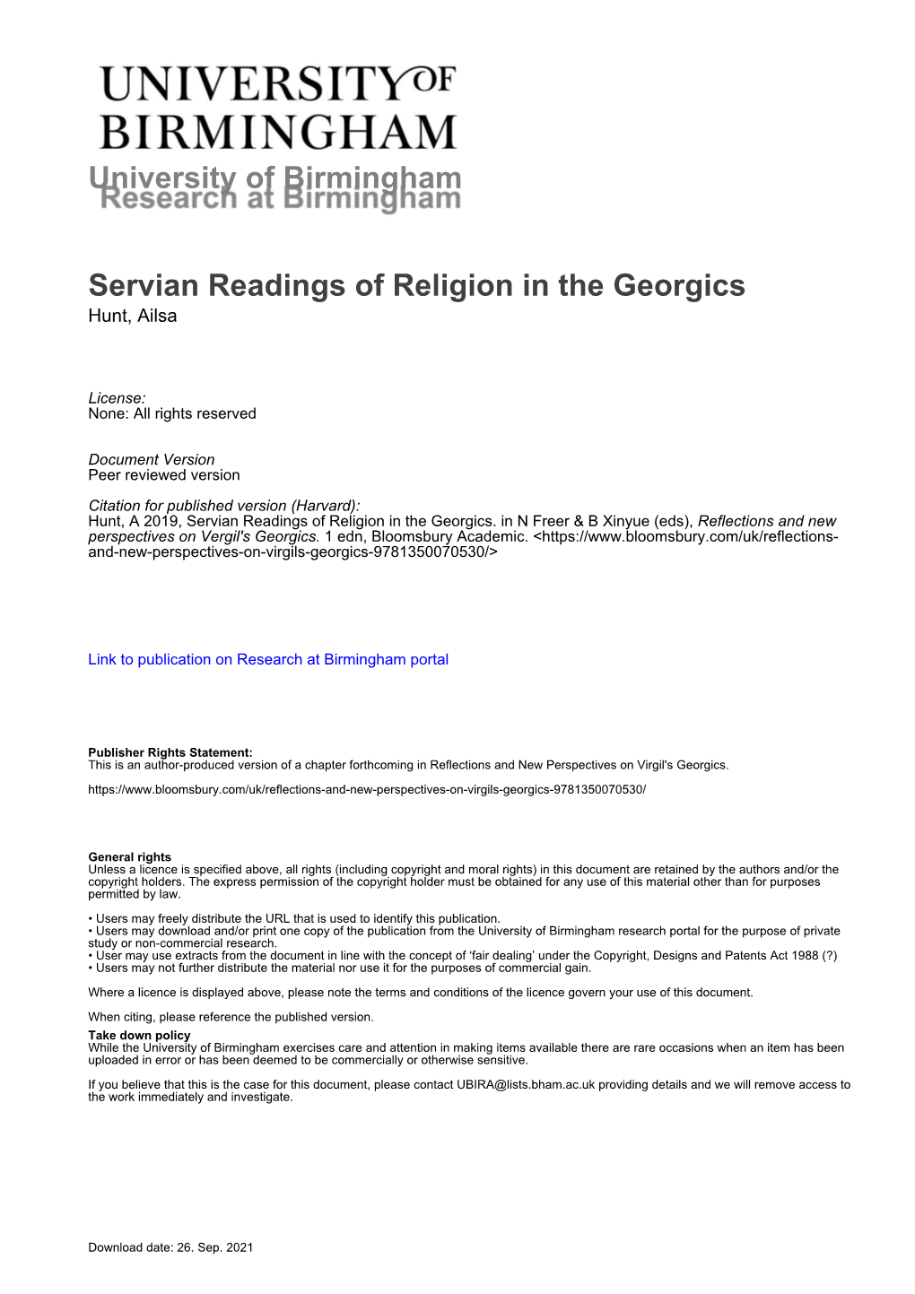 University of Birmingham Servian Readings of Religion in The