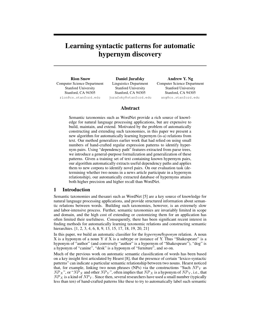 Learning Syntactic Patterns for Automatic Hypernym Discovery