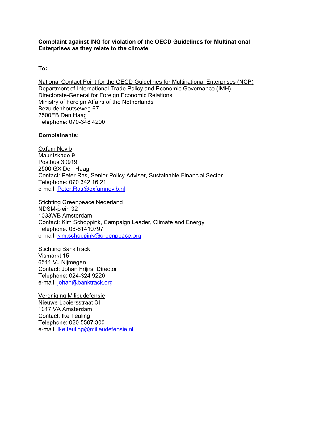 Complaint Against ING for Violation of the OECD Guidelines for Multinational Enterprises As They Relate to the Climate To