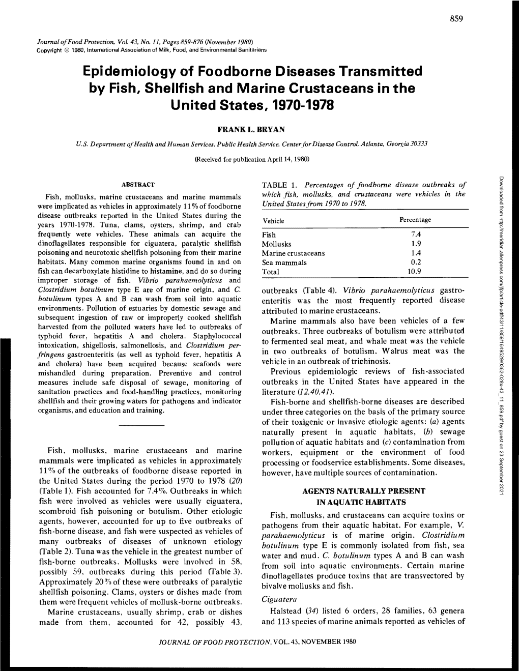 Epidemiology of Foodborne Diseases Transmitted by Fish, Shellfish and Marine Crustaceans in the United States, 1970-1978