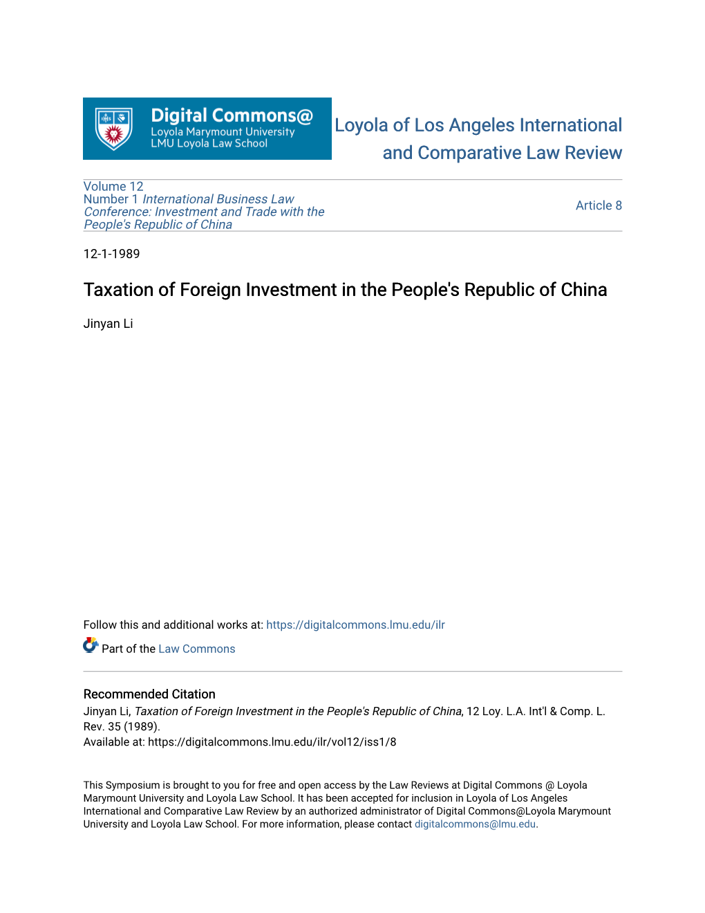 Taxation of Foreign Investment in the People's Republic of China