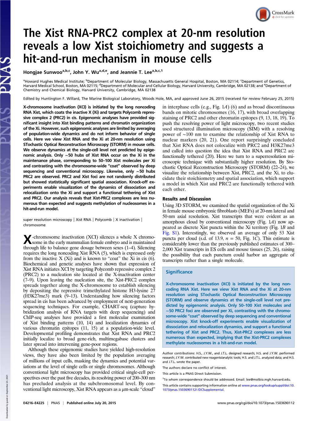 The Xist RNA-PRC2 Complex at 20-Nm Resolution Reveals a Low Xist Stoichiometry and Suggests a Hit-And-Run Mechanism in Mouse Cells