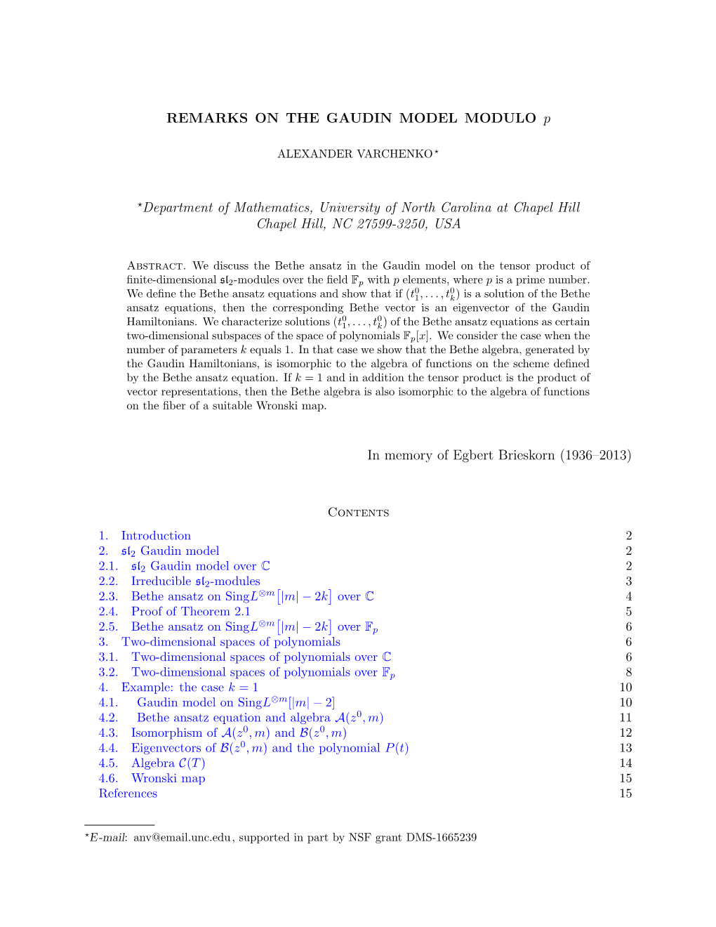 REMARKS on the GAUDIN MODEL MODULO P ⋆Department Of