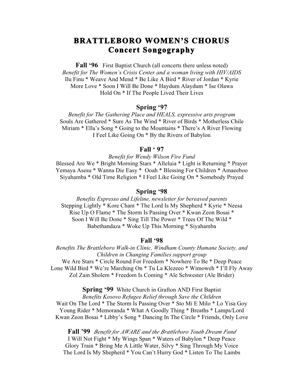 BRATTLEBORO WOMEN's CHORUS Concert Songs