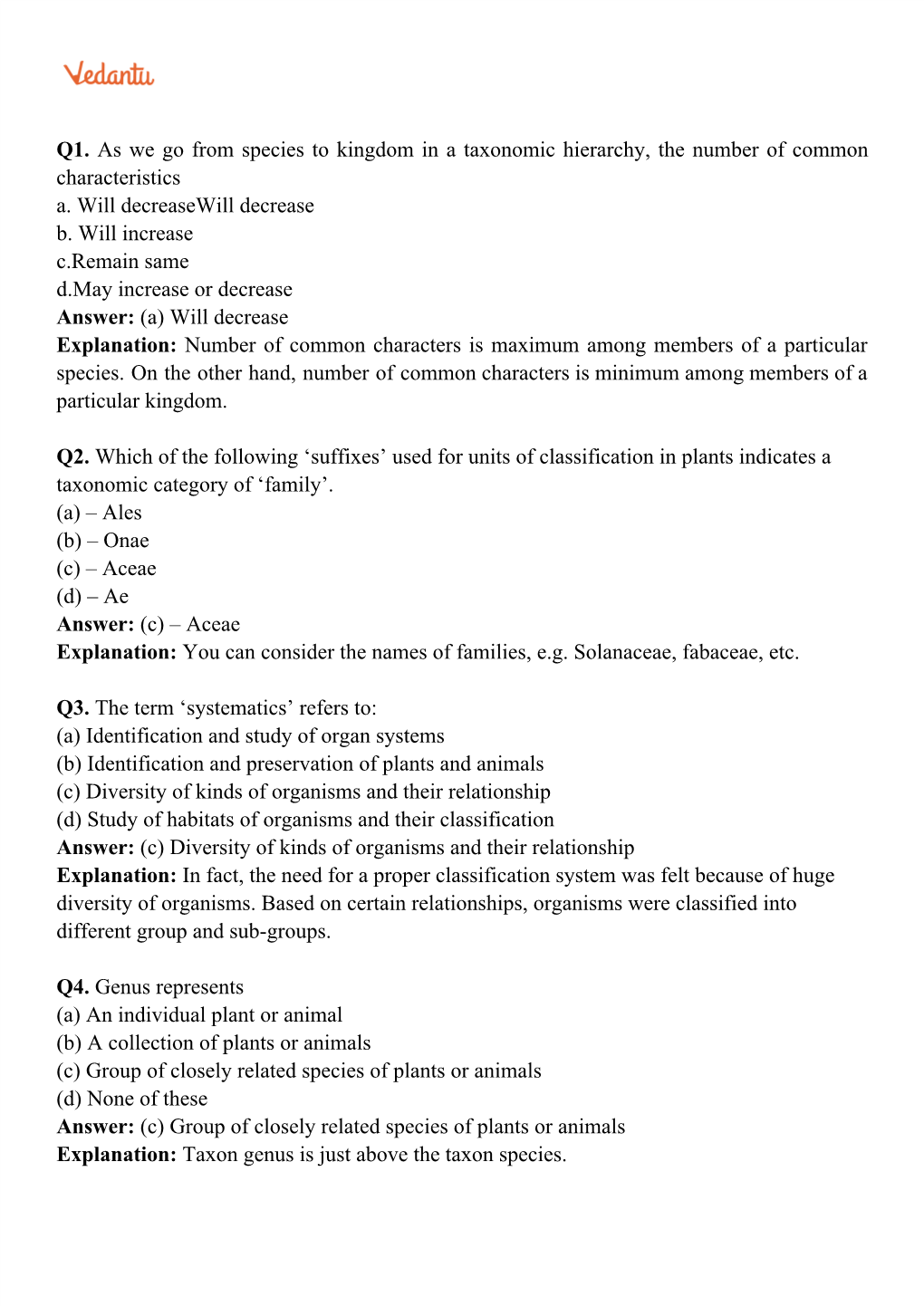 Q1. As We Go from Species to Kingdom in a Taxonomic Hierarchy, the Number of Common Characteristics A